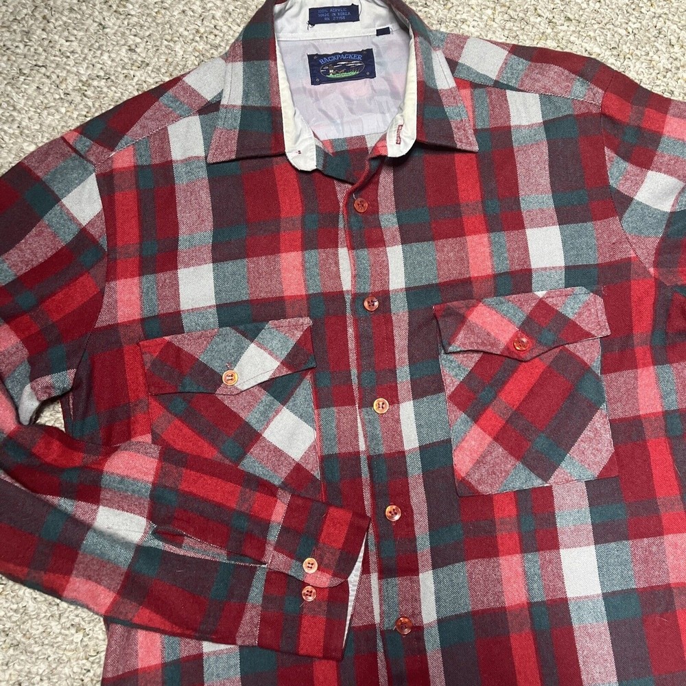 Mens Vintage Red Plaid Flannel Shirt Backpacker Size Medium